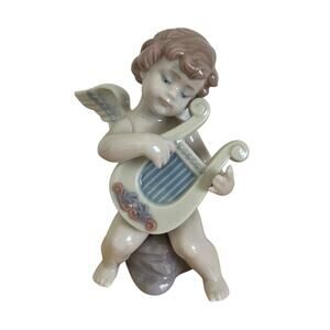 Lladro #6628 Adagio Angel Cherub Playing Harp Porcelain Figurine No Box